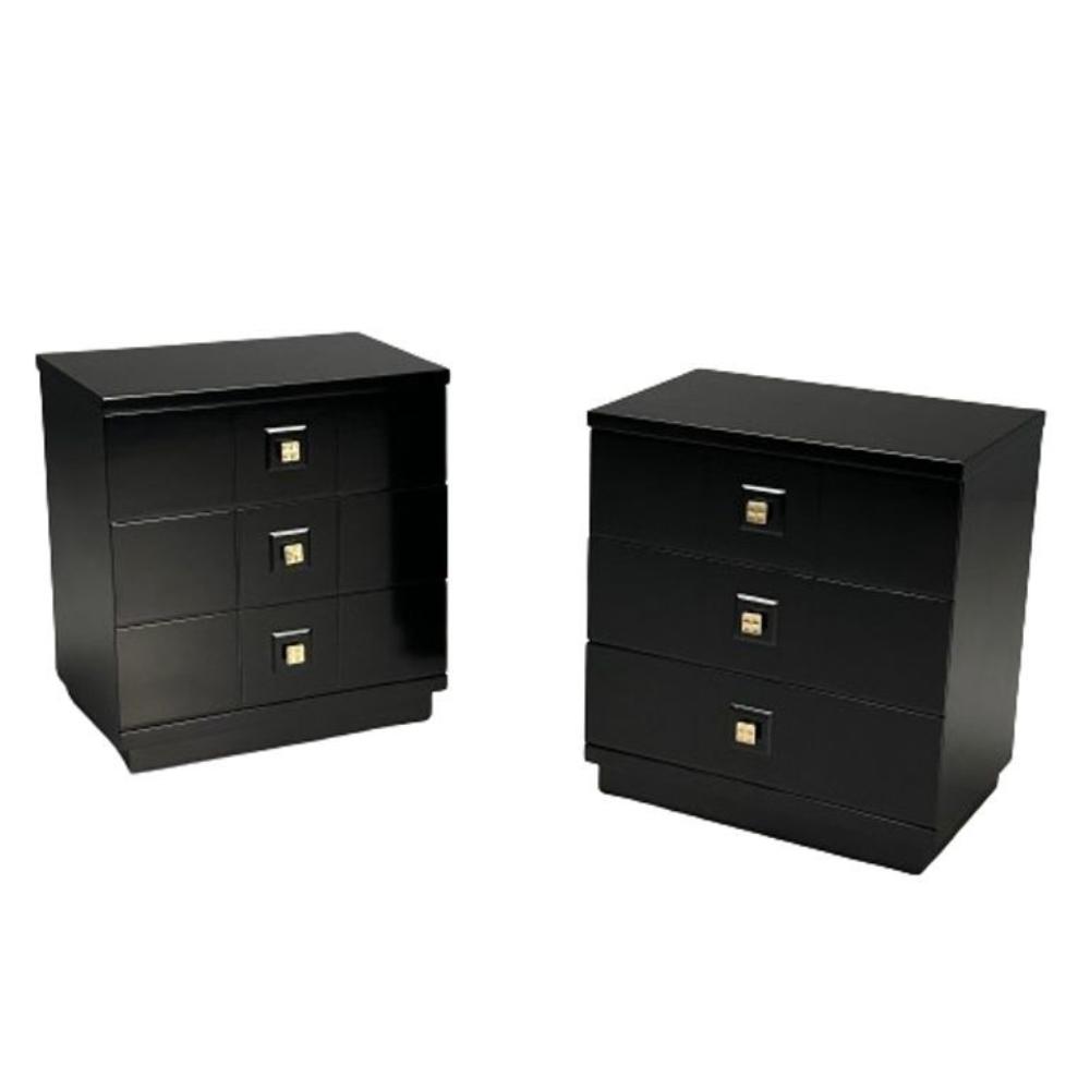 Mid-Century Modern, Nightstands, Chests, Black Lacquer, Brass, USA, 1970s