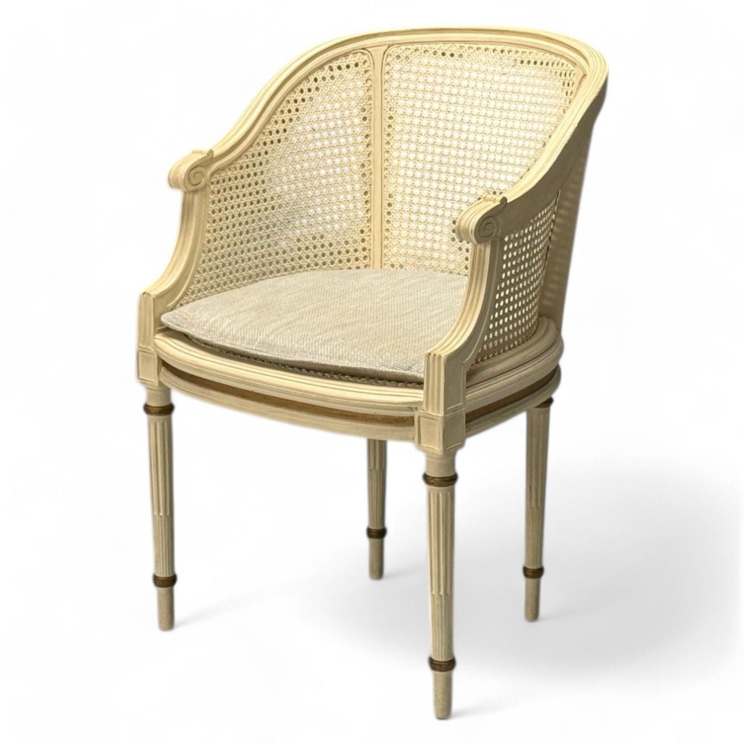 Louis XVI Style, Barrel Back Occasional Chair, Cream Painted Wood, Cane, 1960s