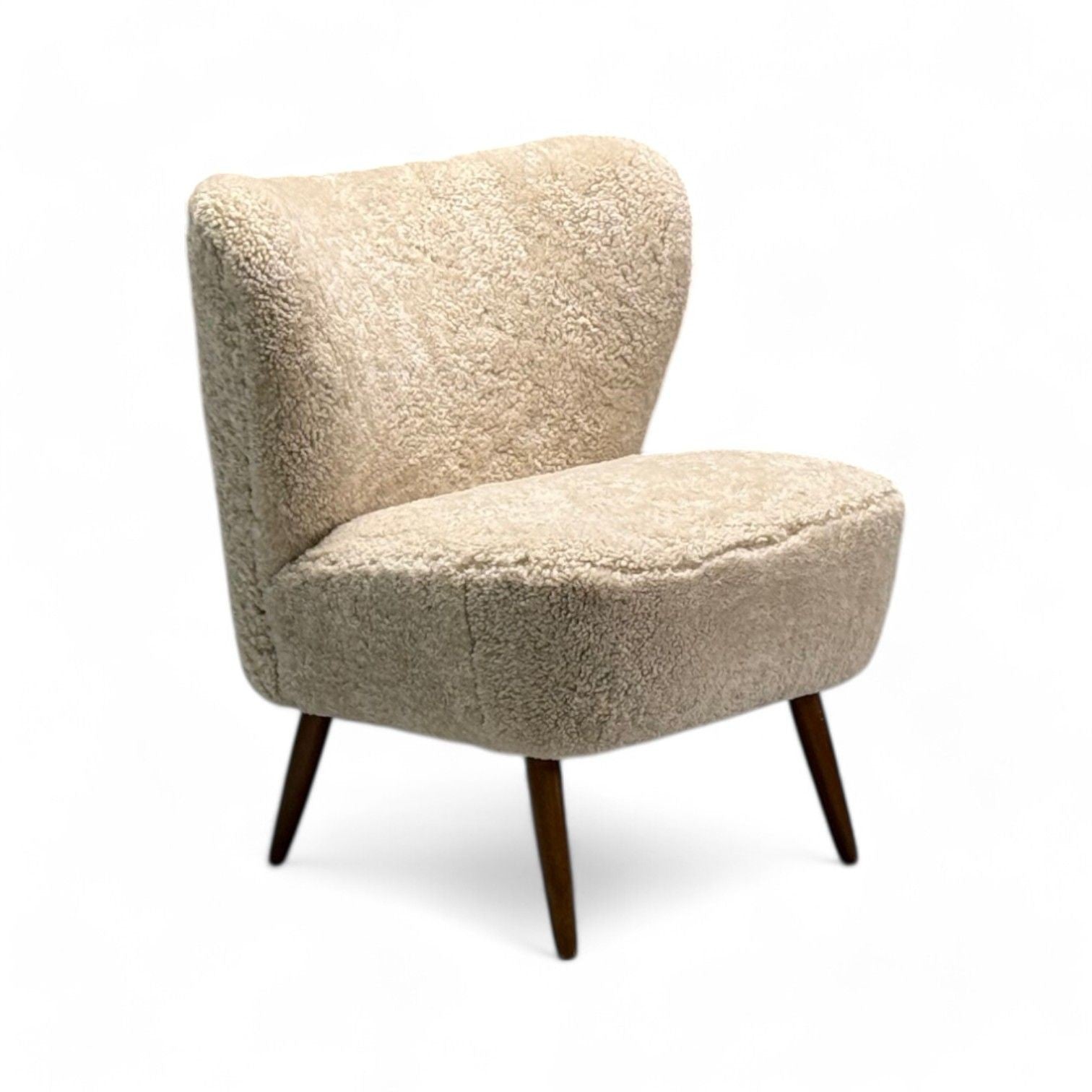 Swedish Mid-Century Modern, Shearling Slipper Chair, Beige Sheepskin, Beech