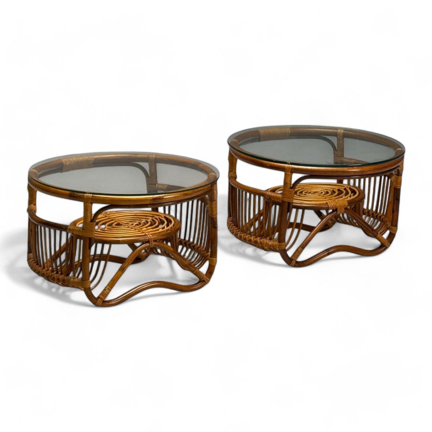 Franco Albini Style, Italian Mid-Century Modern, Side Tables, Bamboo, Rattan