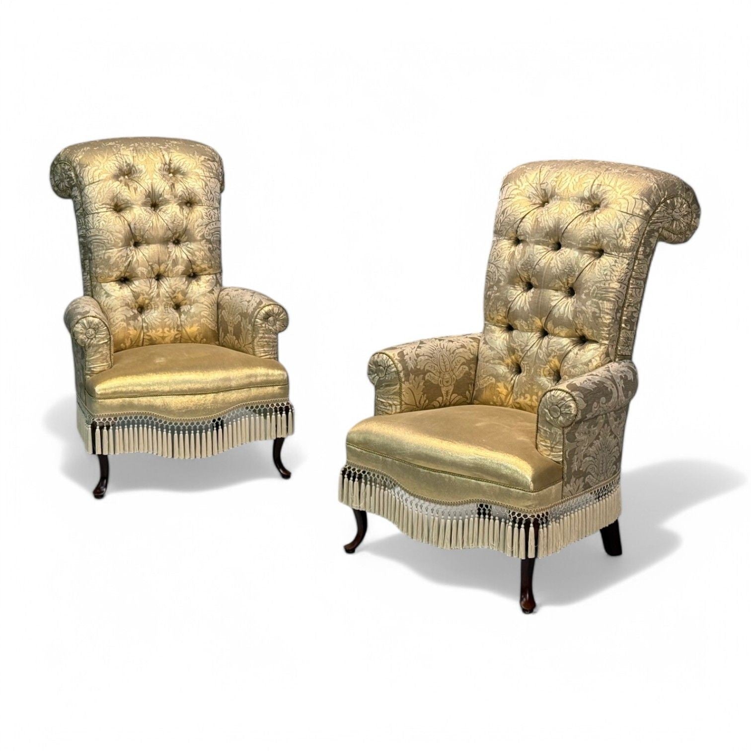 Victorian Style, Large Armchairs, Silk Fabric, Stained Wood, USA, 20th C.