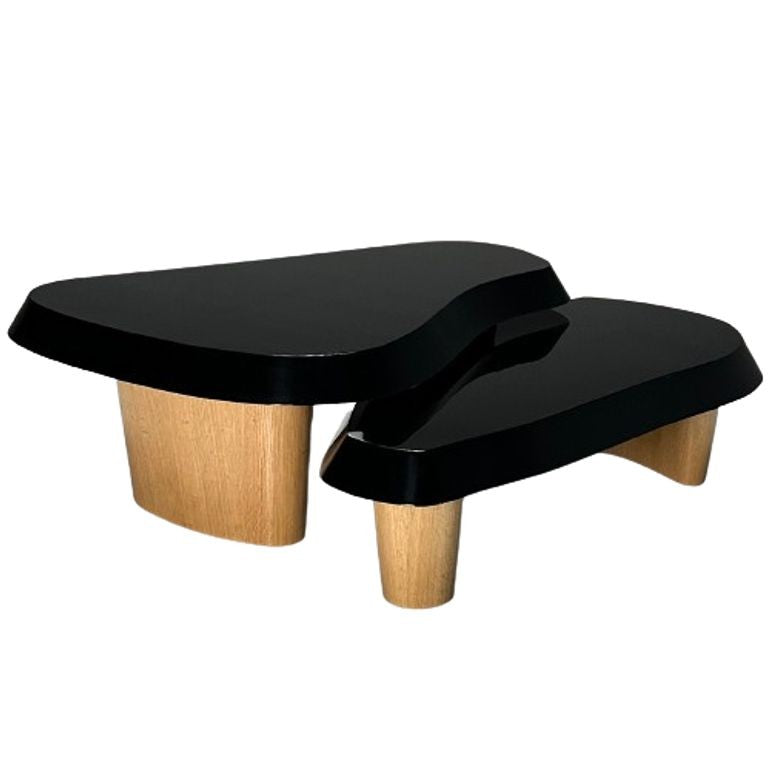 Contemporary, Organic Modern, Nesting Coffee Tables, Black Lacquer, Oak, 21st C.