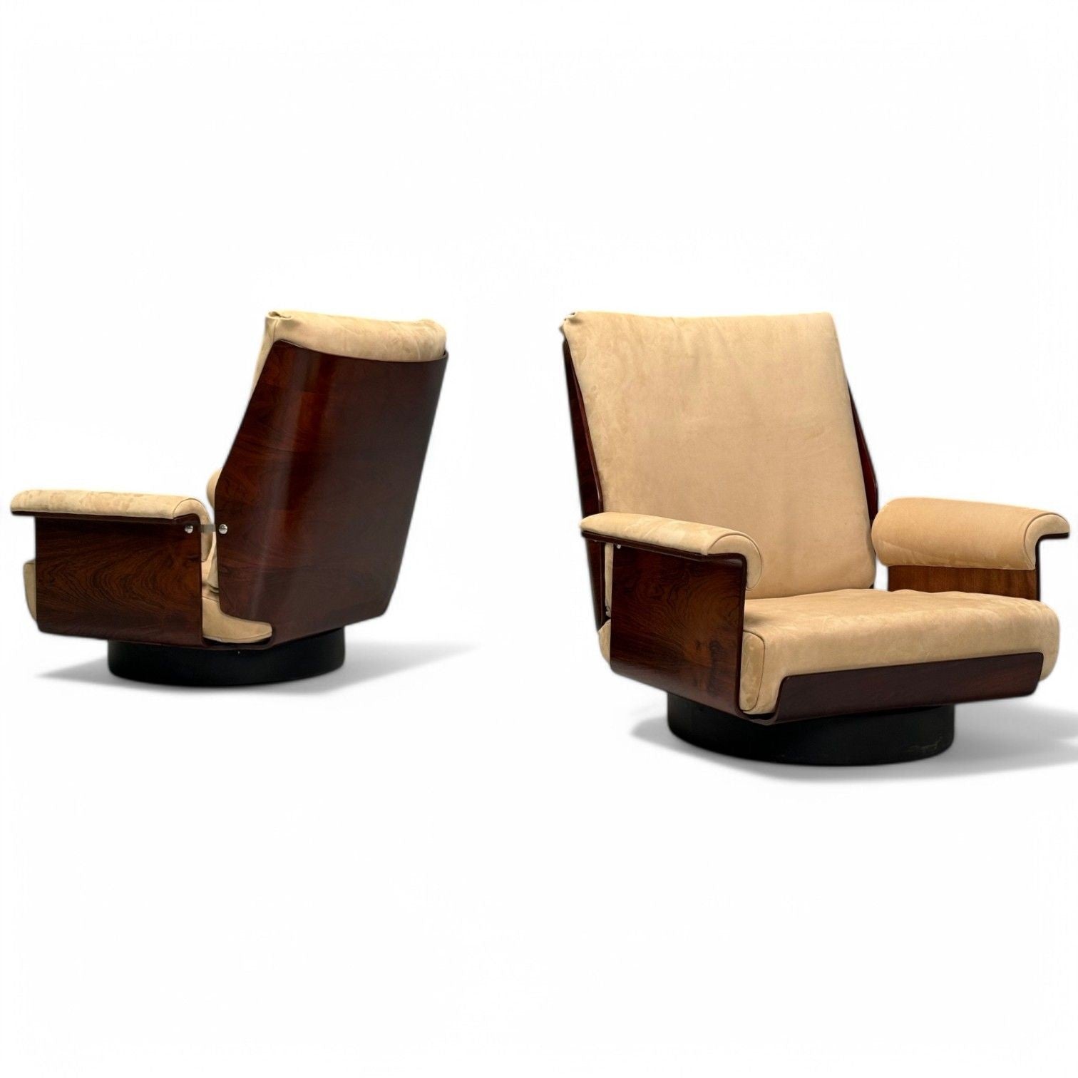 Bernard Brunier, French Mid-Century Modern, Rosewood, Suede, Low Lounge Chairs