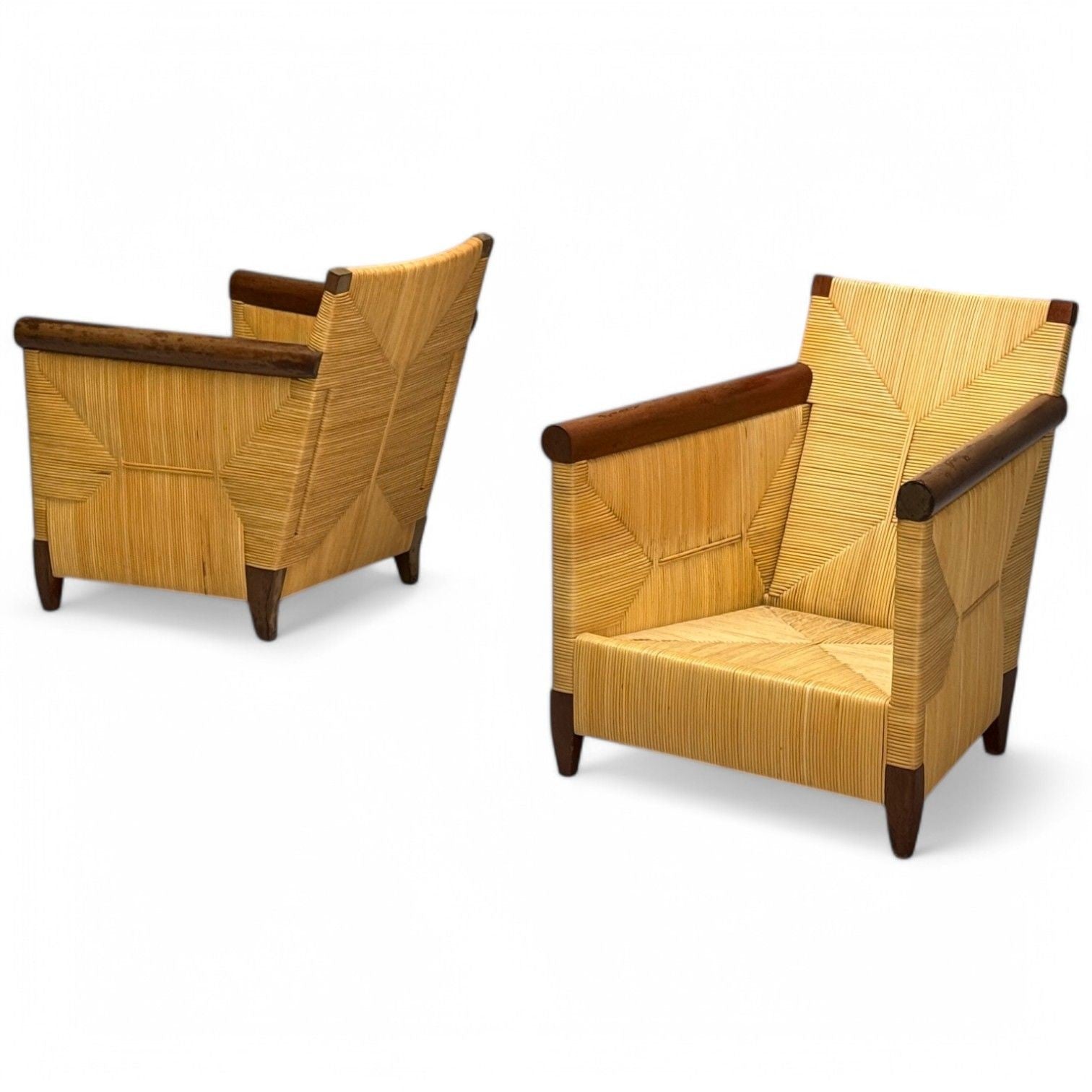 John Hutton, Donghia, Mahogany, Wicker Cane, Merbau Lounge Chairs, USA, 1995