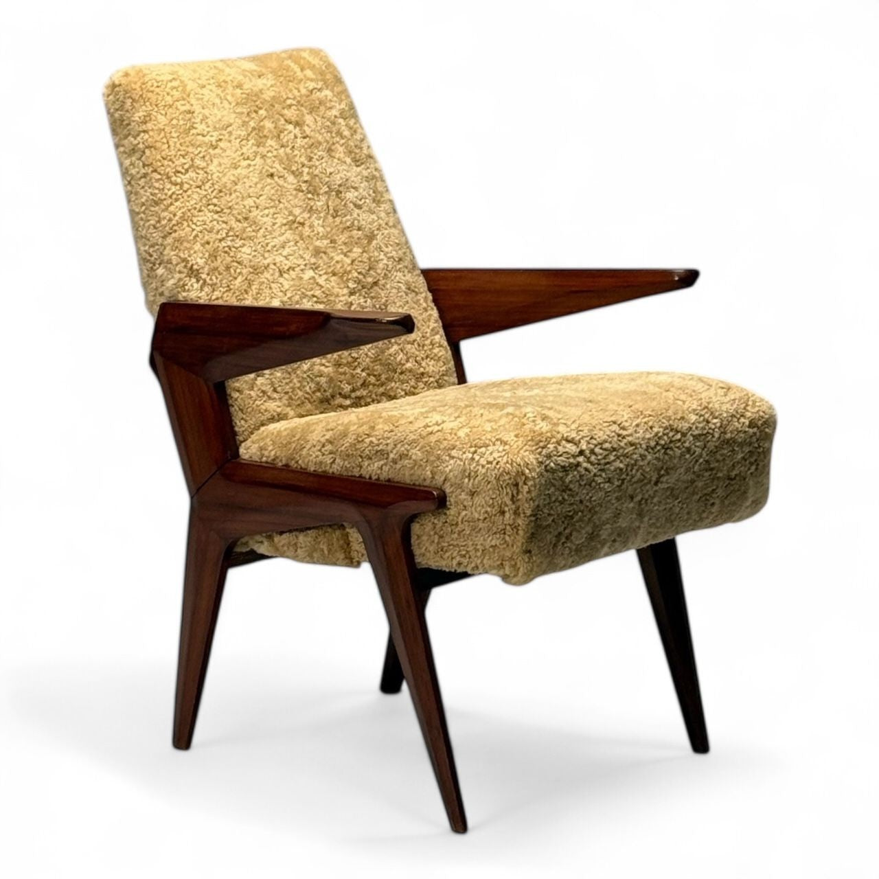 Vittorio Dassi Attr, Italian Mid-Century Modern Armchair, Honey Shearling, 1950s