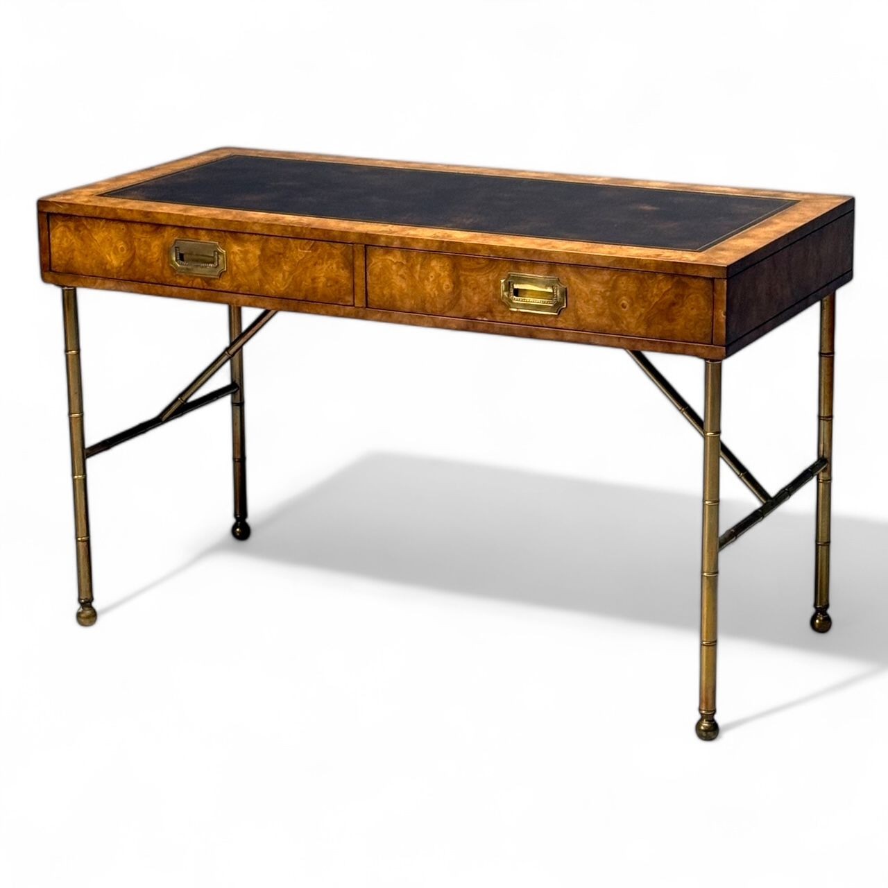 Mastercraft, Mid-Century Modern, Writing Desk, Burlwood, Brass, Leather, 1950s