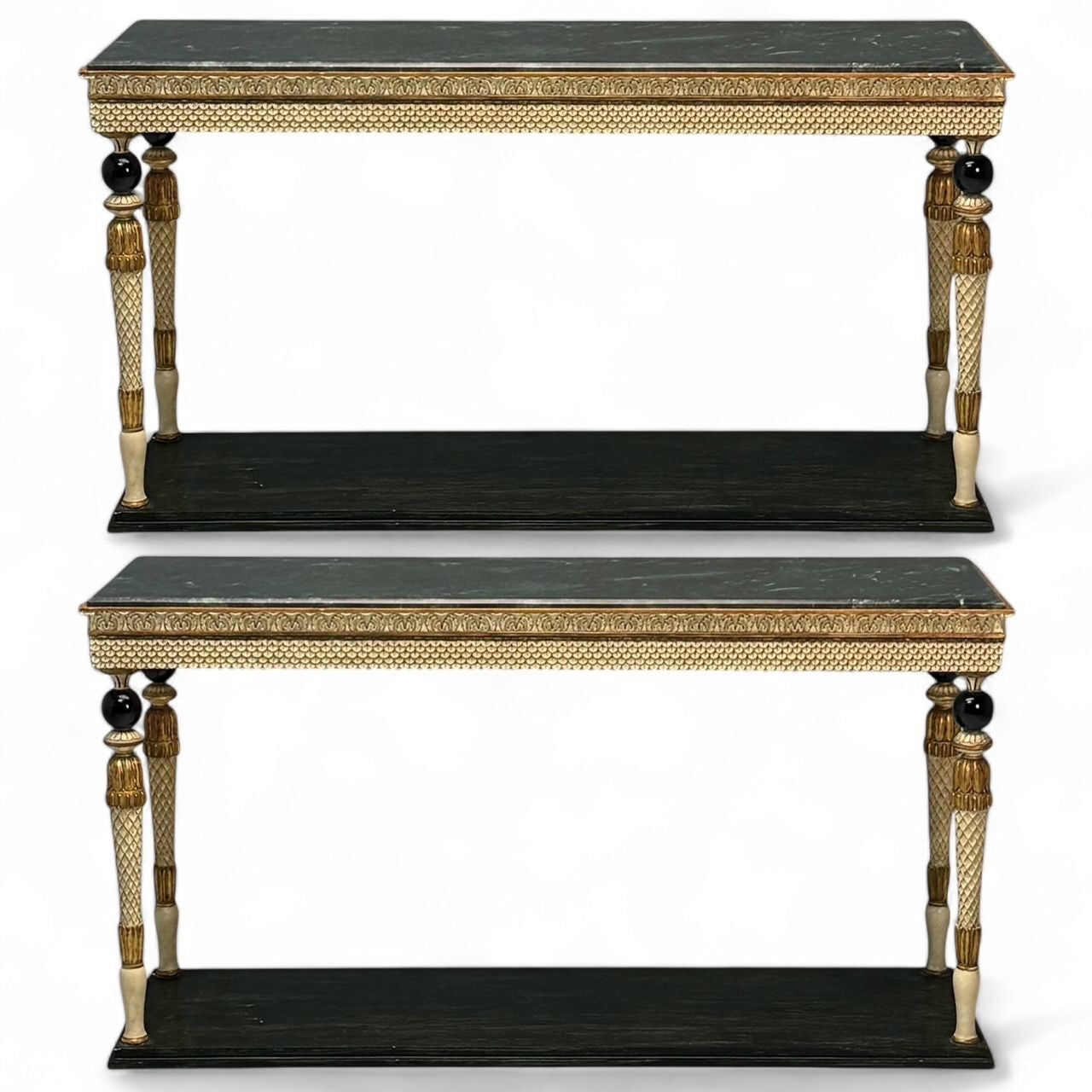 Maison Jansen Neoclassical Style Console Tables, Carved Wood, Green Marble