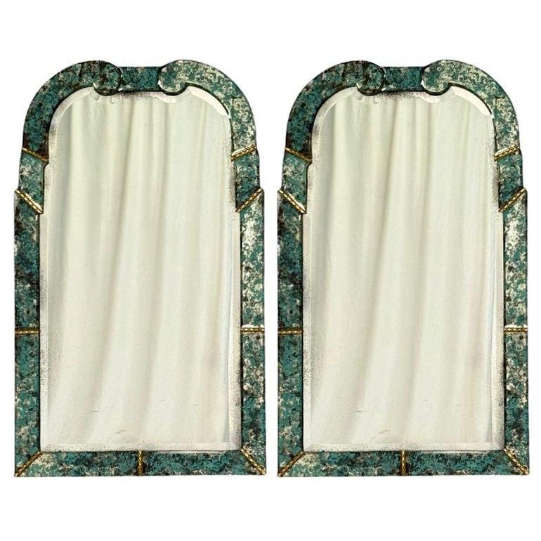 Art Deco Style, Venetian Wall Mirrors, Green Antiqued Beveled Glass, 21st C.