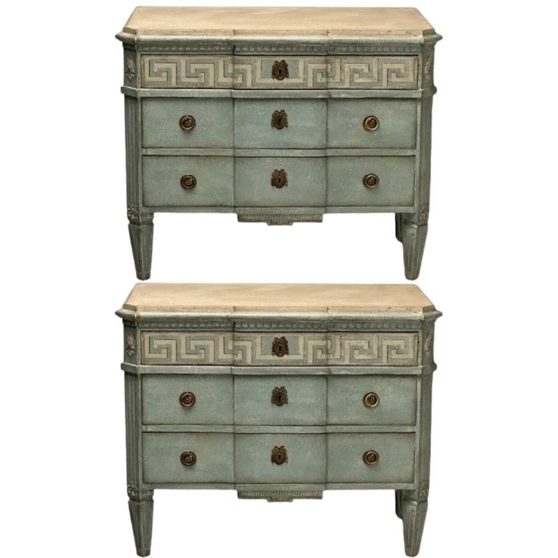 Gustavian, Swedish Commodes, Blue Paint Distressed, Brass, Sweden, Greek Key