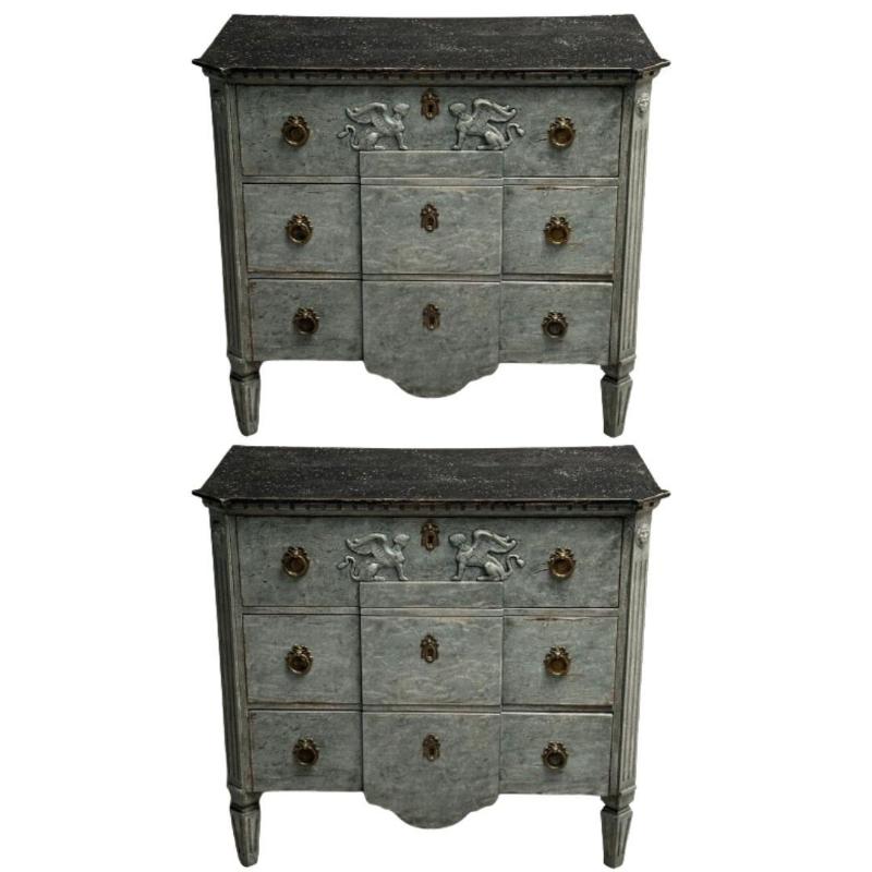 Gustavian, Swedish Commodes, Blue Paint Distressed, Brass, Sweden, 19th C.