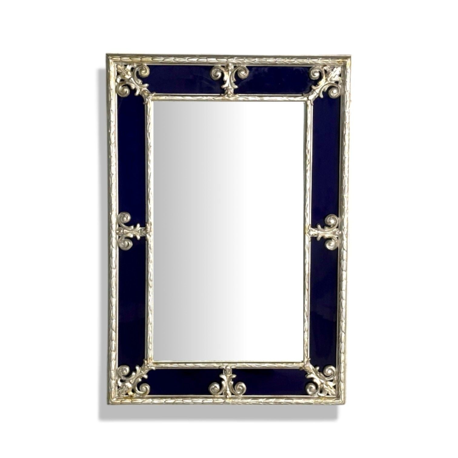 Hollywood Regency Style, Small Mirror, Cobalt Blue Glass, Silver Leaf, 1980s