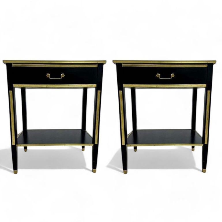 Maison Jansen Style, Hollywood Regency, Nightstands, Black Painted Wood, Brass