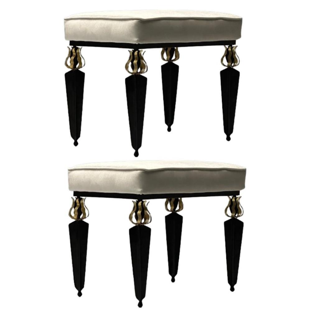 Contemporary, Modern Torch Benches, Blackened Steel, Brass, Grey Velvet