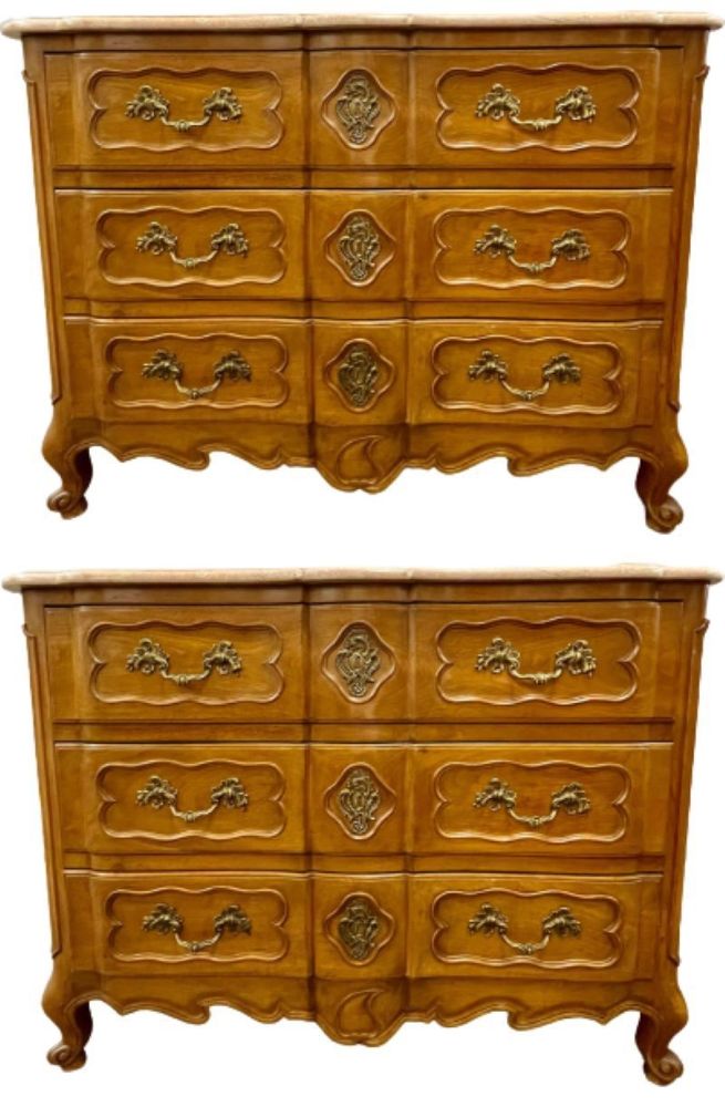 Pair of Marble-Top Louis XV Style Commodes Chests Attributed to Maison Jansen