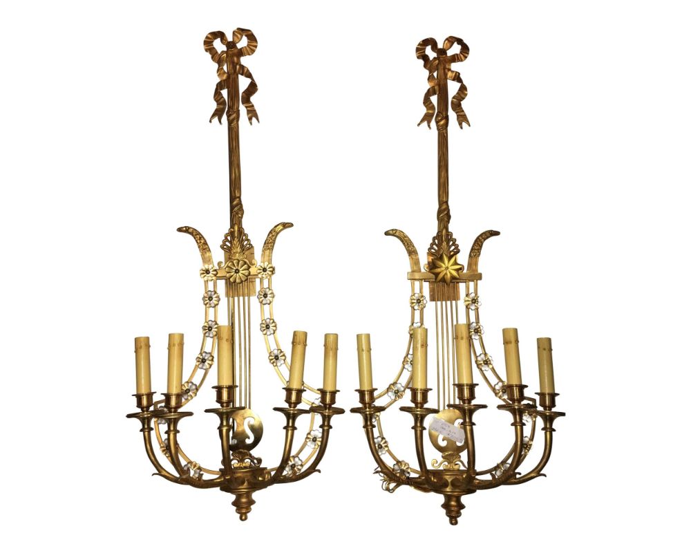 Louis XVI Style Harp Back Bronze Wall Sconces - A Pair