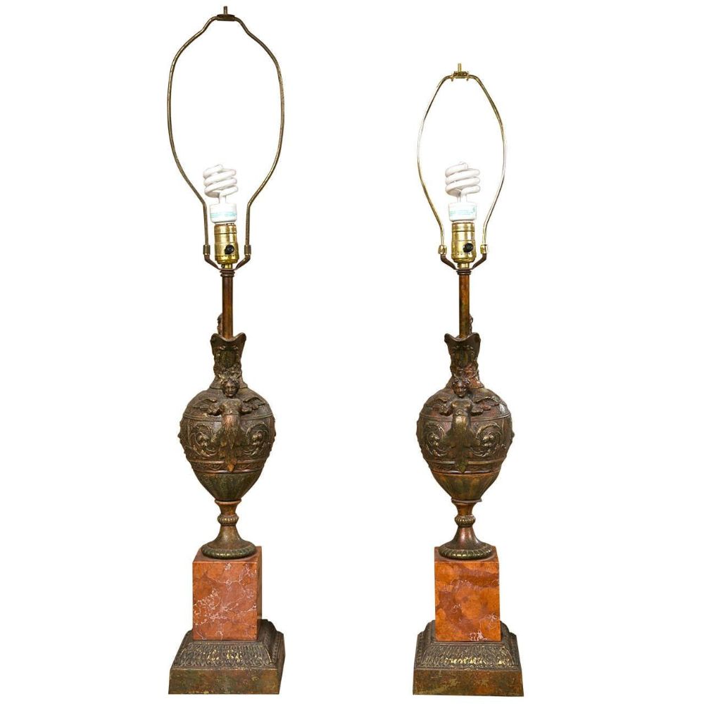 Pair of Bronze Ewers Mounted as Lamps