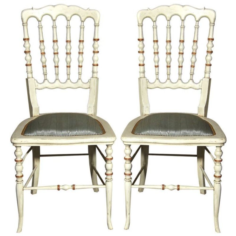 Gustavian, Dining Chairs, Spindle Back, White Paint, Giltwood, Blue Fabric