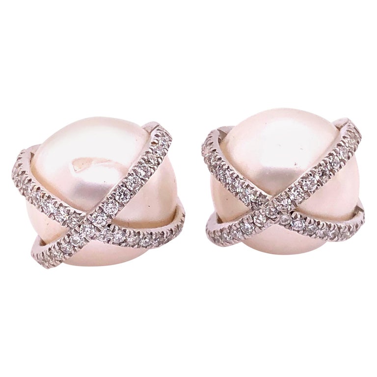 Verdura 18 Karat White Gold Wrapped Pearl and Diamond Earrings