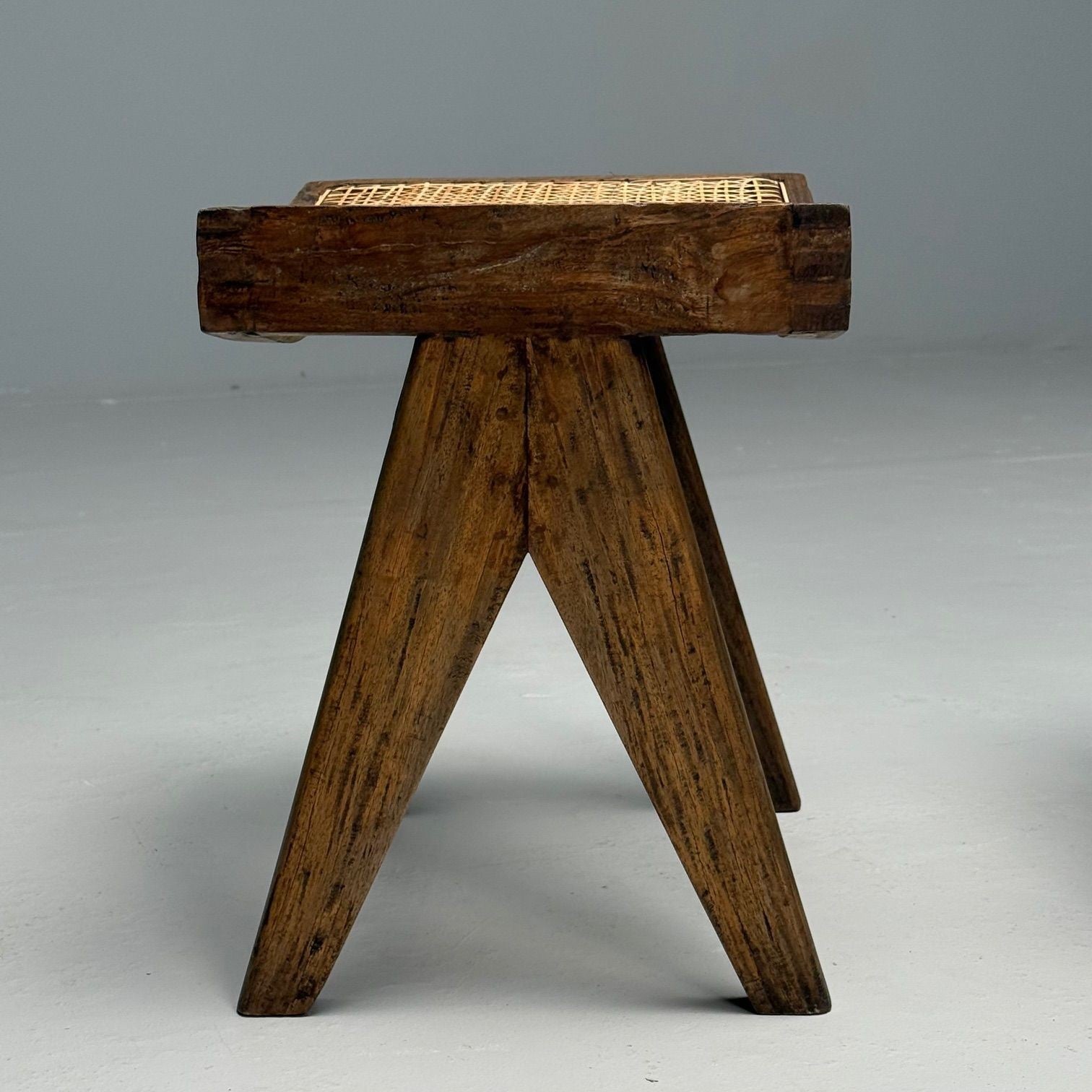 Pierre Jeanneret, French Mid-Century Modern, Footstools, Teak, Cane, Chandigarh