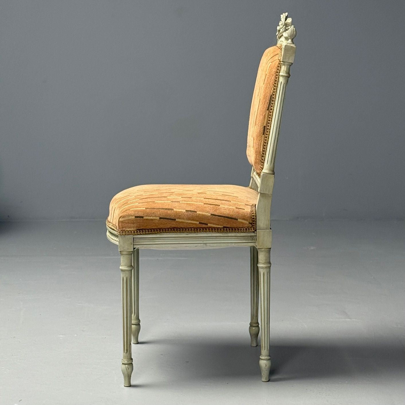 Swedish Louis XVI Style, Ten Dining Chairs, Grey Carved Wood, Fabric, 20th C.