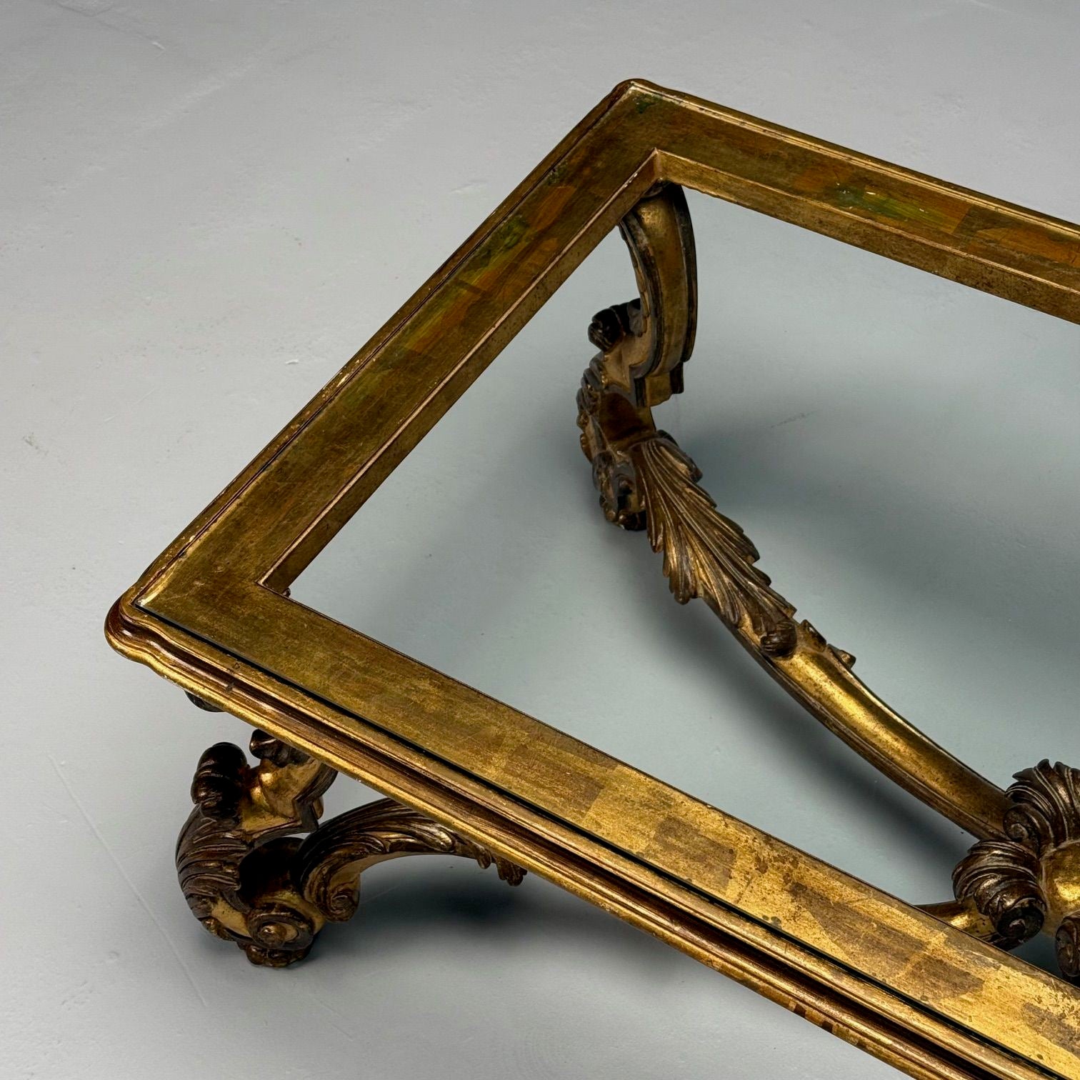 Hollywood Regency, Coffee Table, Gilt Wood, Gold Leaf, Glass, Italy, 1960s