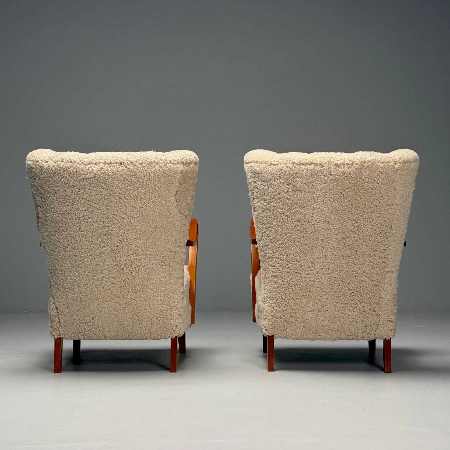 Swedish Mid-Century Modern, Lounge Chairs, Beige Sheepskin, Oak, Sweden, 1940s