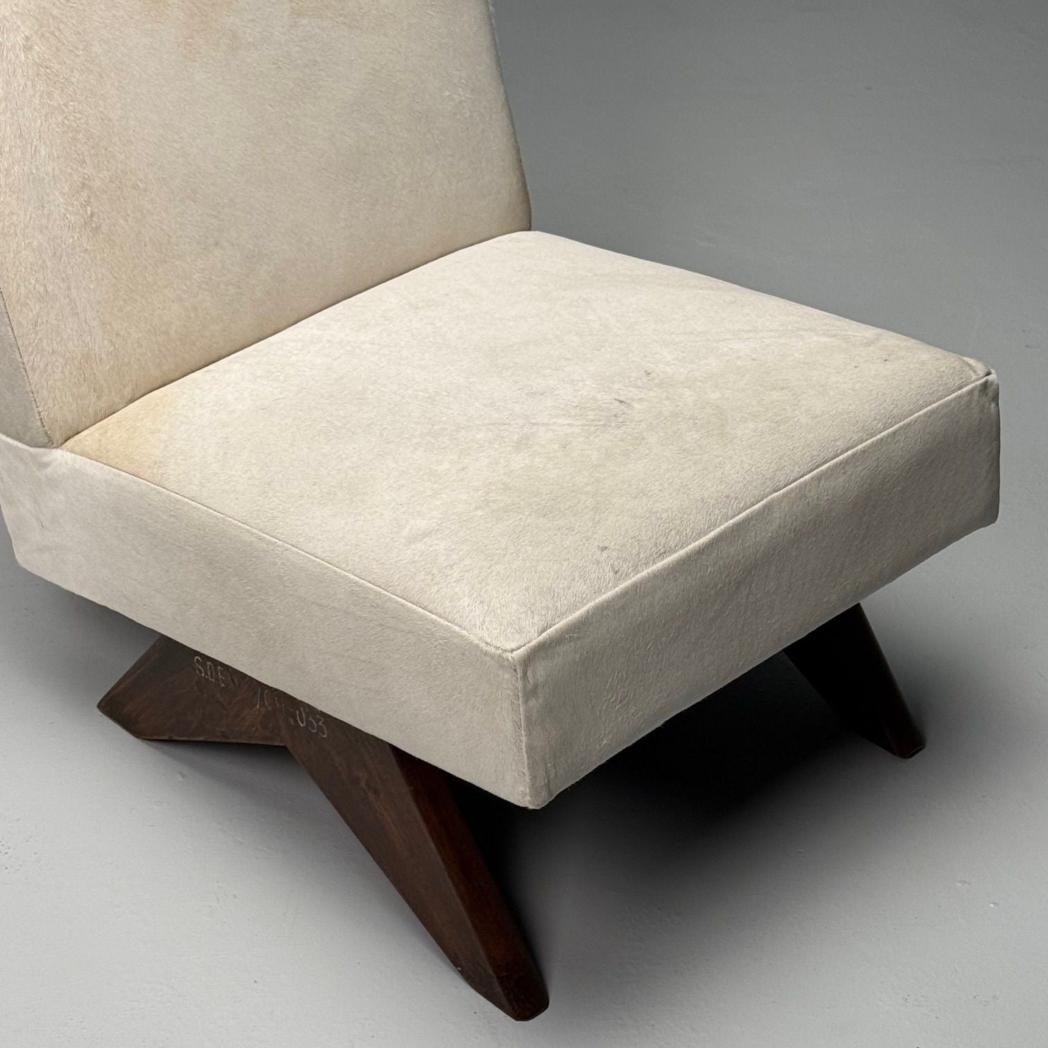 Pierre Jeanneret, French Mid-Century Modern, Slipper Chairs, White Cowhide, Teak