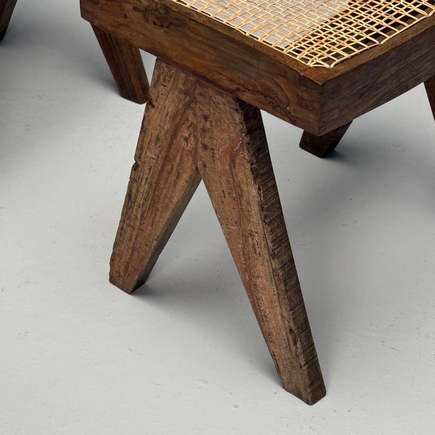 Pierre Jeanneret, French Mid-Century Modern, Footstools, Teak, Cane, Chandigarh