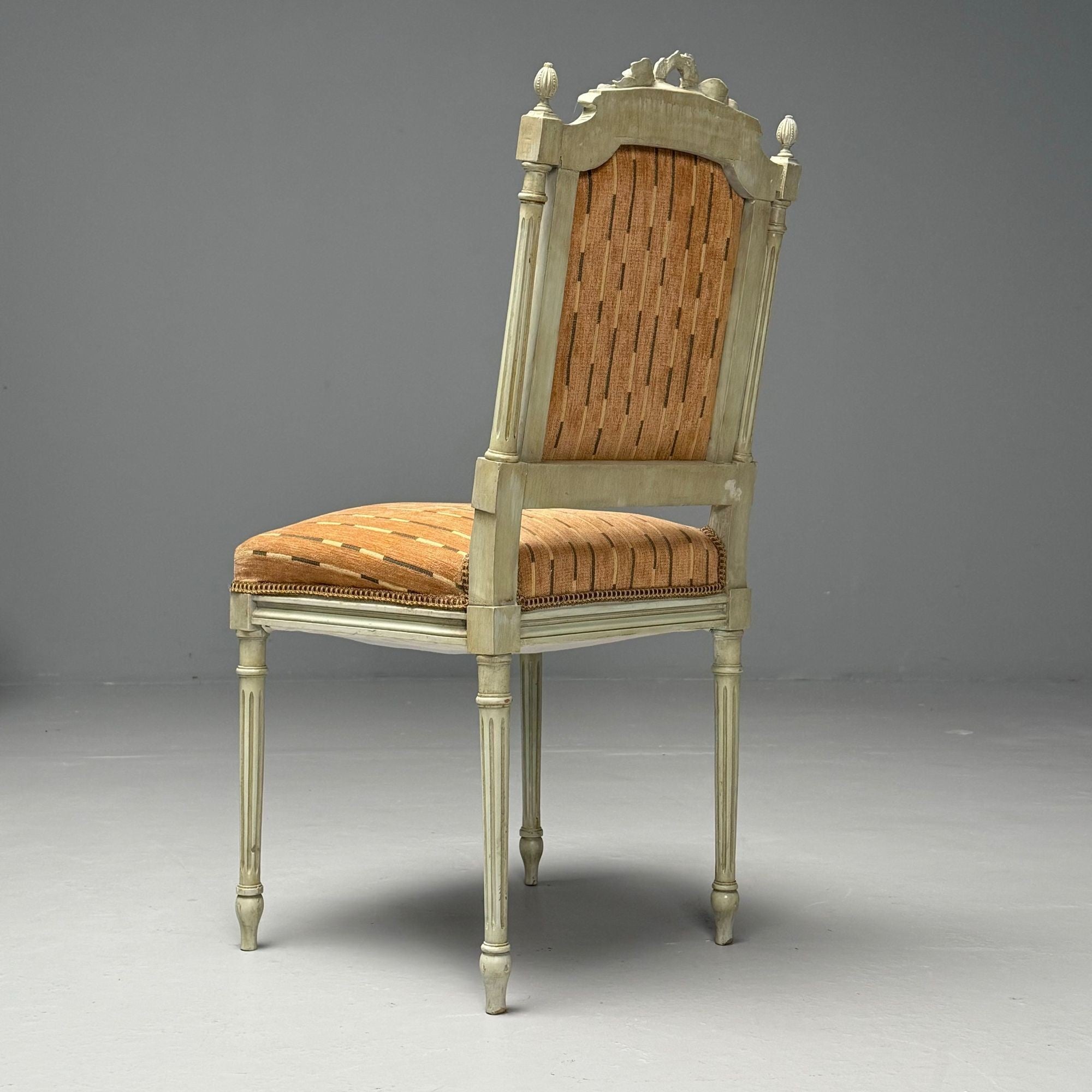 Swedish Louis XVI Style, Ten Dining Chairs, Grey Carved Wood, Fabric, 20th C.