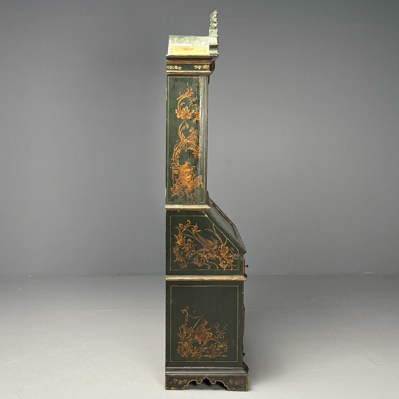 George I Style, Chinoiserie, Green-Japanned Desk, Bookcase, Parcel-Gilt, 1920s