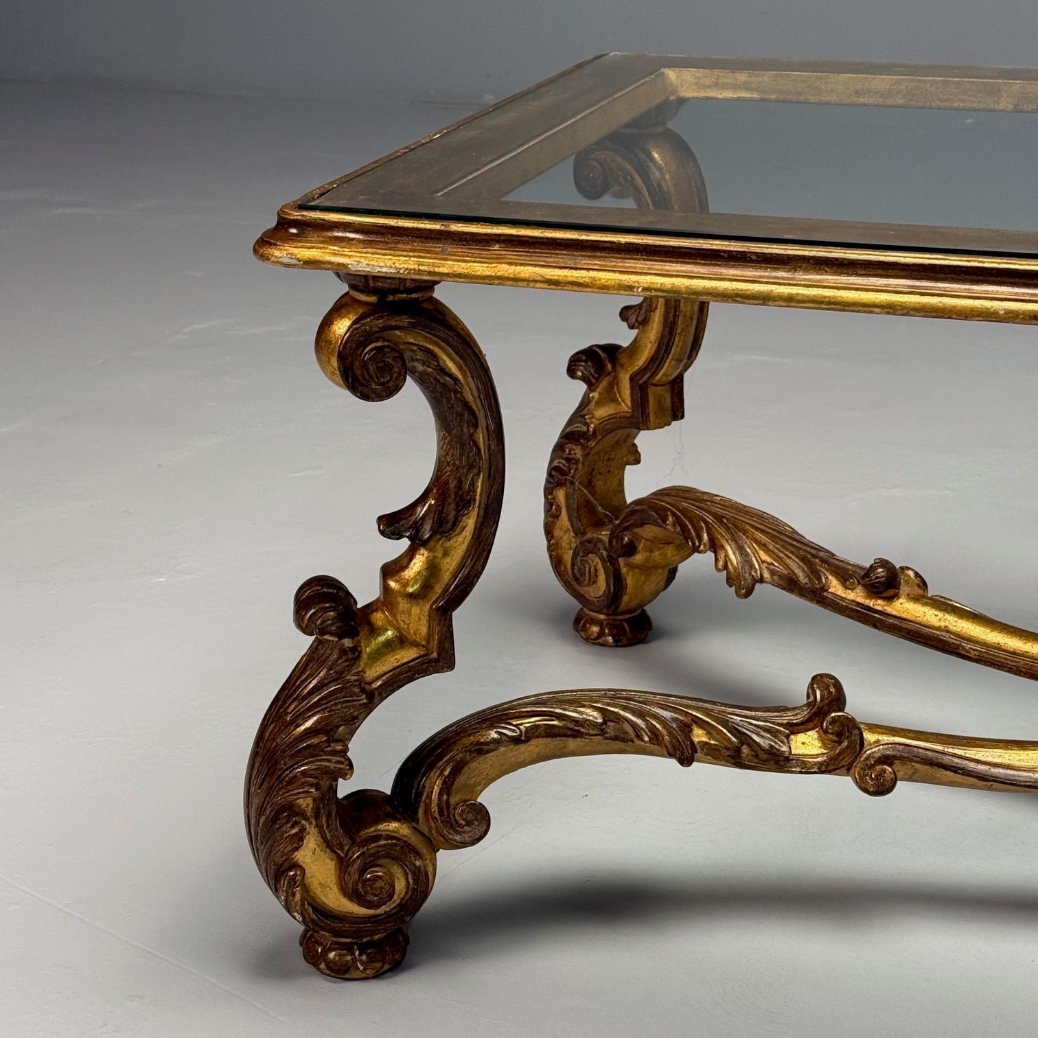 Hollywood Regency, Coffee Table, Gilt Wood, Gold Leaf, Glass, Italy, 1960s