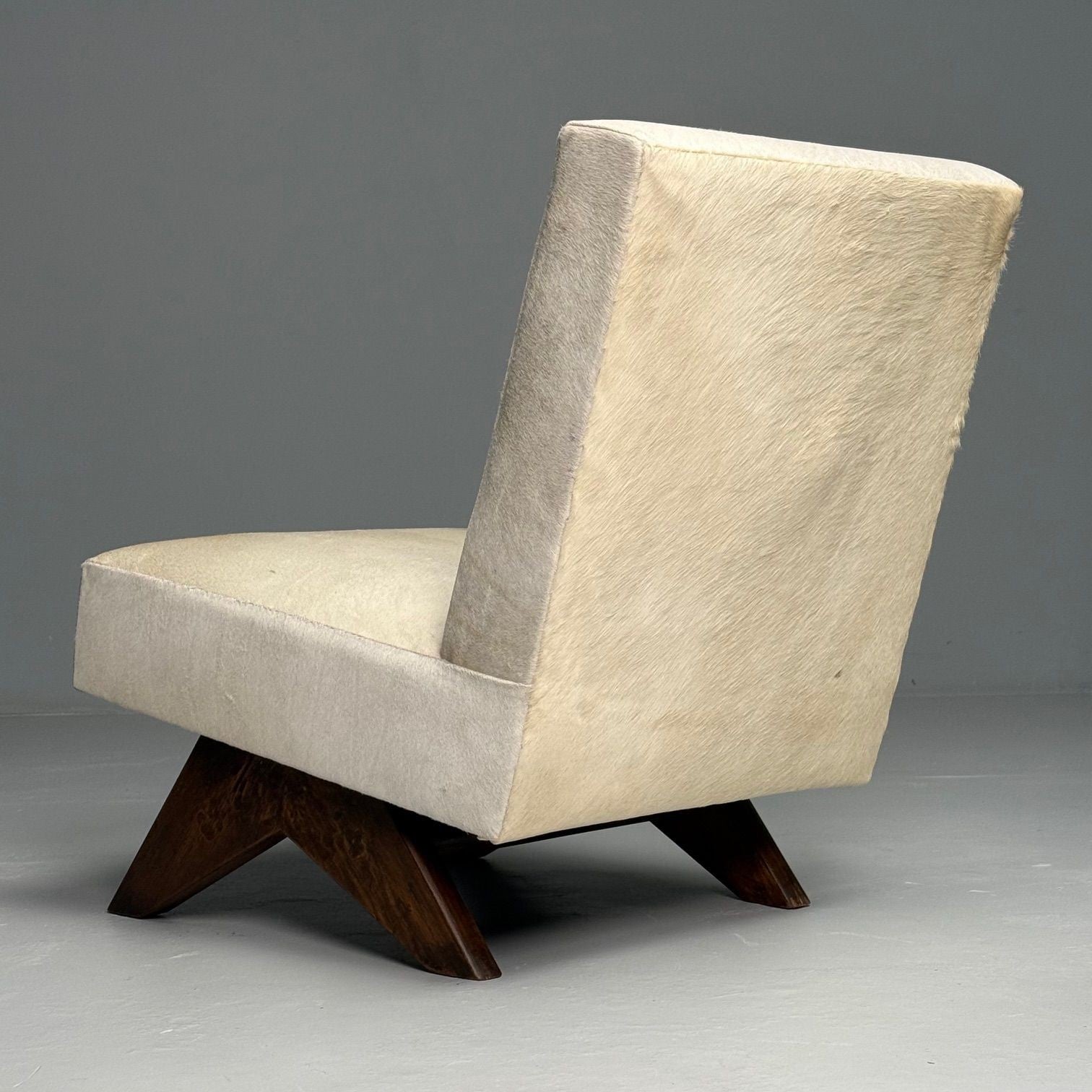 Pierre Jeanneret, French Mid-Century Modern, Slipper Chairs, White Cowhide, Teak