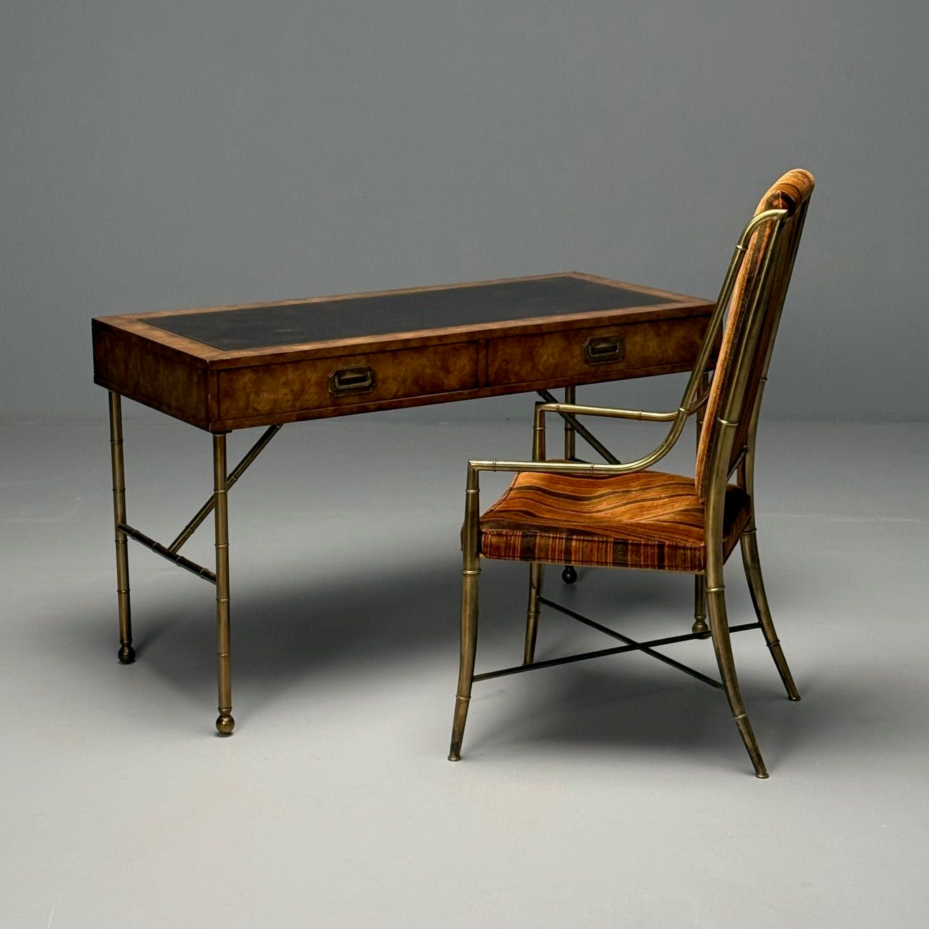 Mastercraft, Mid-Century Modern, Writing Desk, Burlwood, Brass, Leather, 1950s