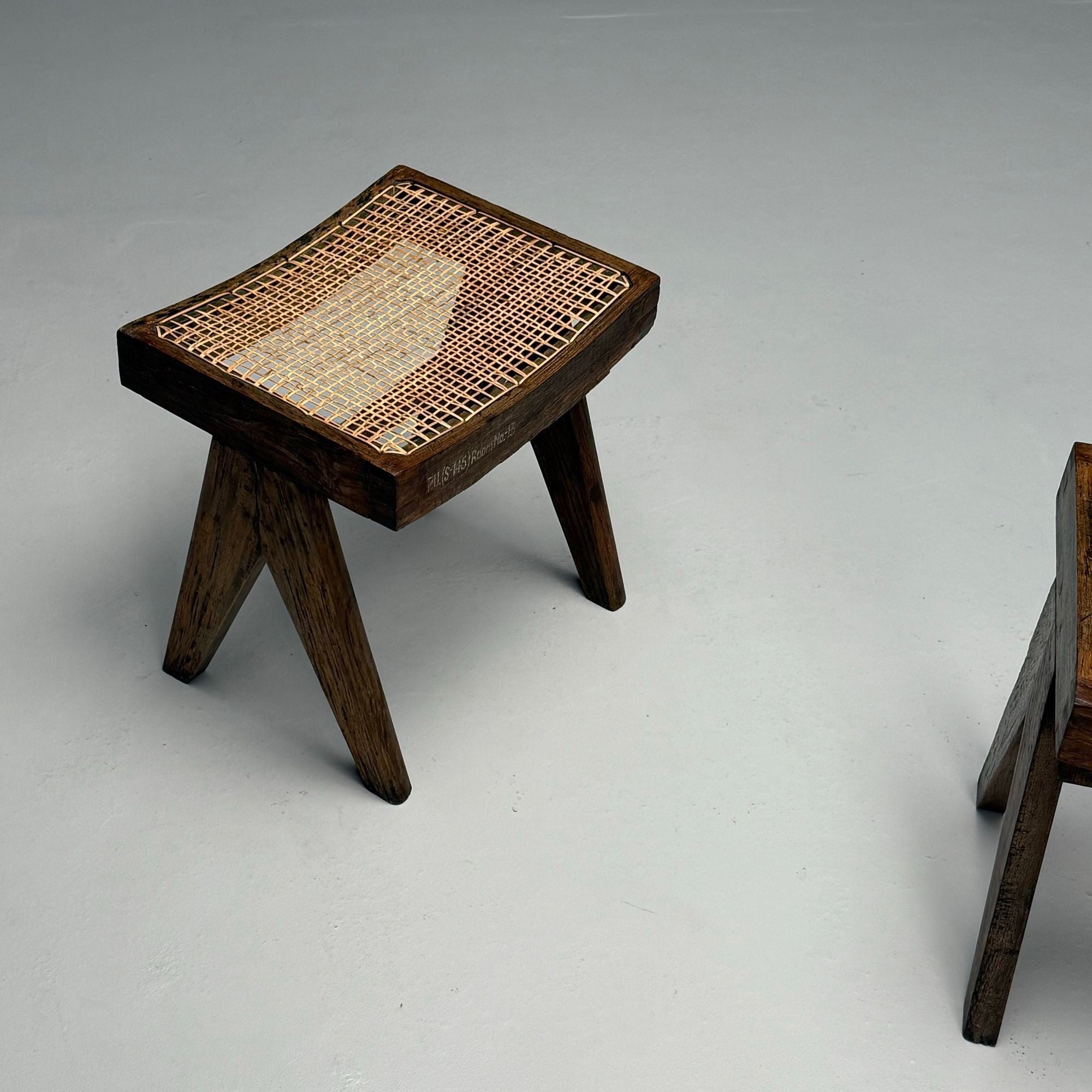 Pierre Jeanneret, French Mid-Century Modern, Footstools, Teak, Cane, Chandigarh