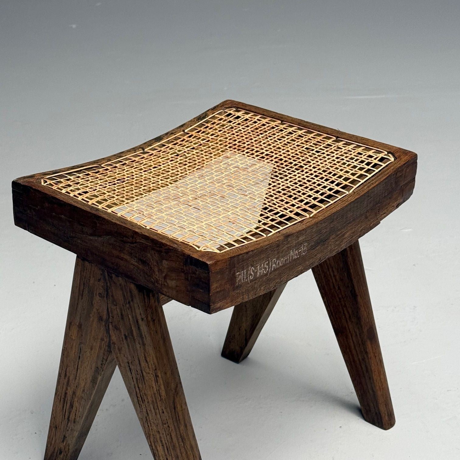 Pierre Jeanneret, French Mid-Century Modern, Footstools, Teak, Cane, Chandigarh