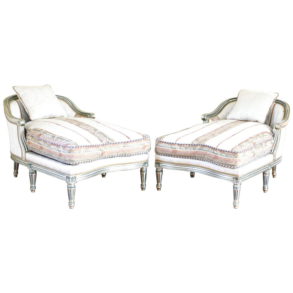 Hollywood Regency Louis XVI Chaise Lounges French Painted and Parcel Gilt Silver