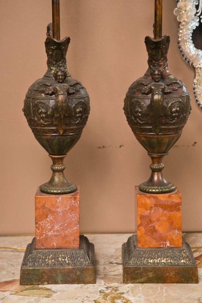 Pair of Bronze Ewers Mounted as Lamps