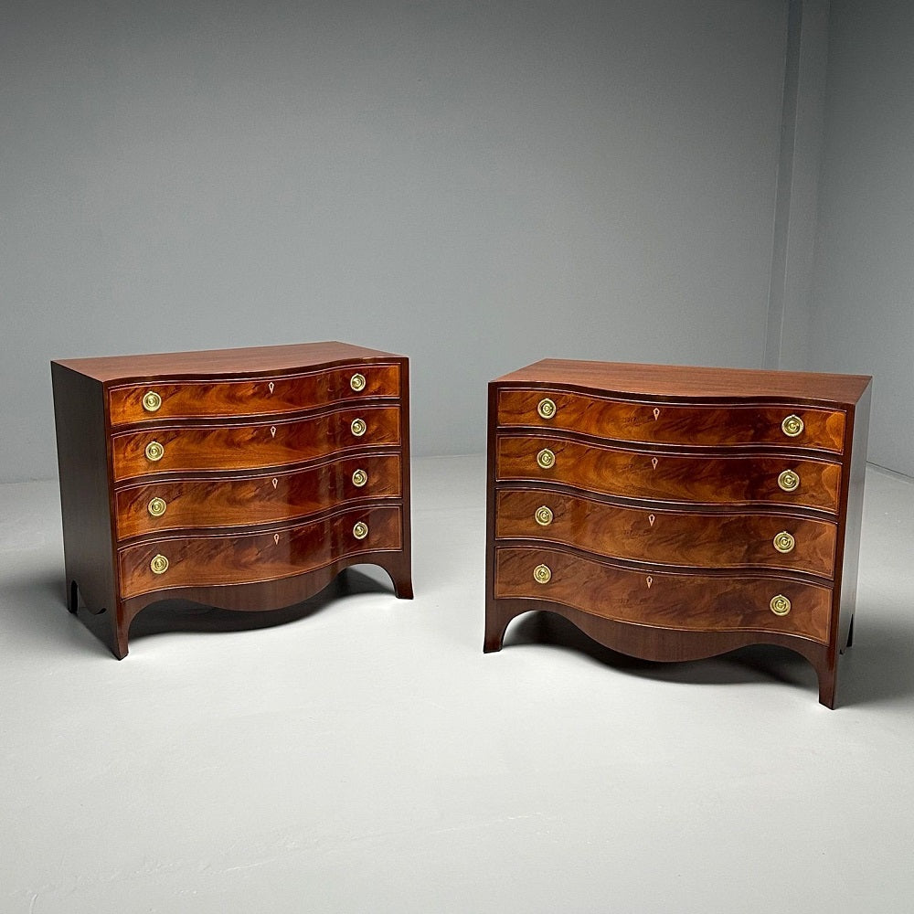 Beacon Hill, Georgian, Serpentine Commodes, Flame Mahogany, Brass, 1960s