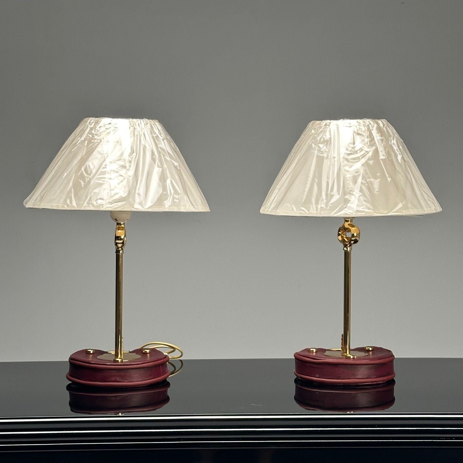 Cartier Style, Modern Key Table Lamps, Red Leather, Brass, Paper Shades