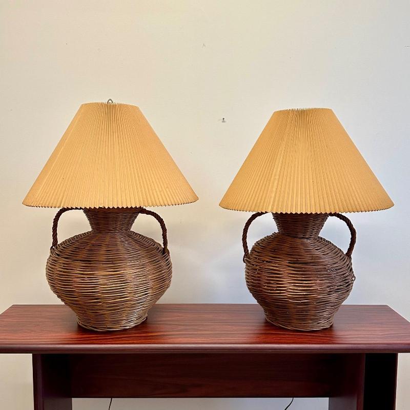 Large Mid-Century Modern Wicker Urn Table, Desk Lamps by Kovacs, Compatible Pair