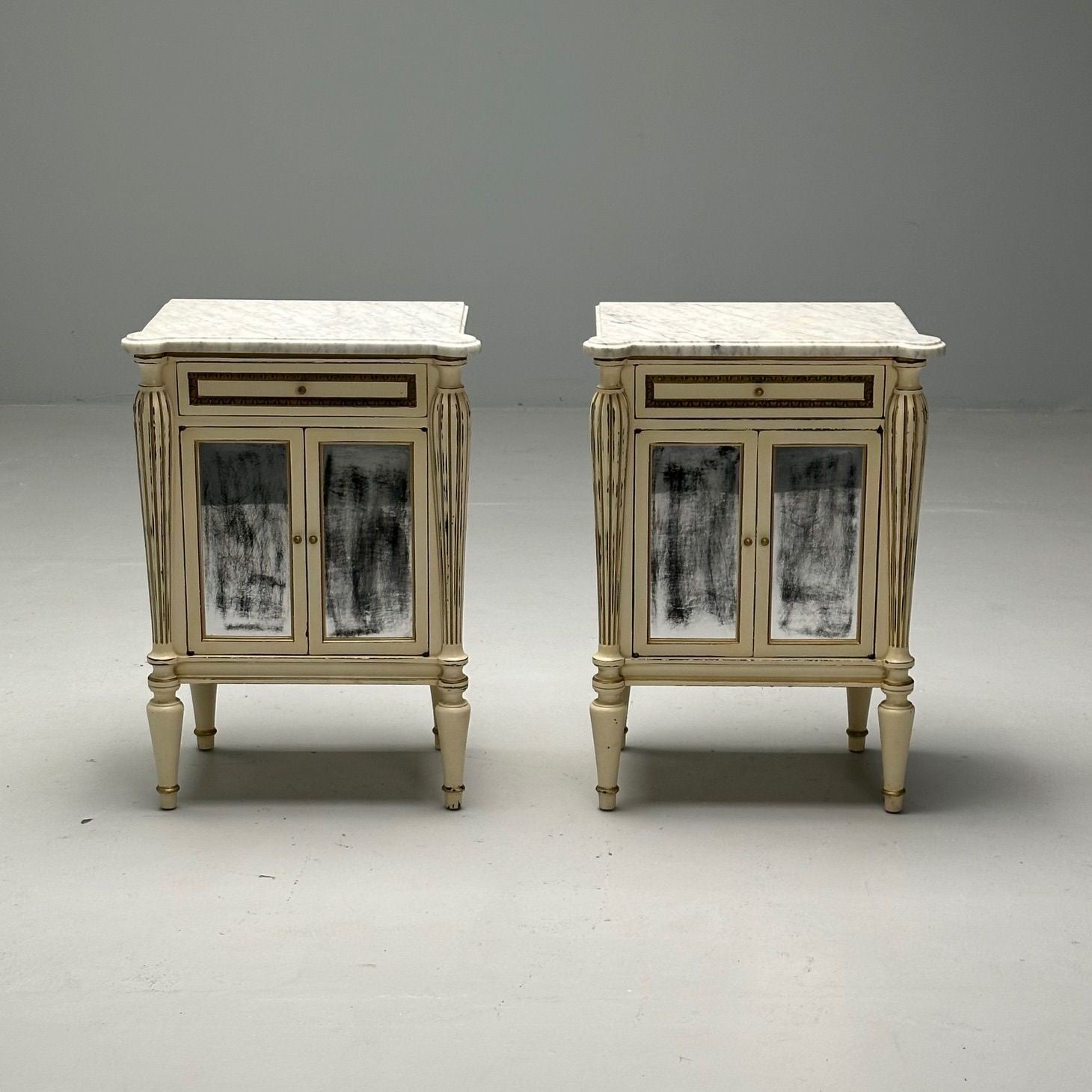 Maison Jansen, Hollywood Regency, Side Table Cabinets, Distressed Mirror, Marble