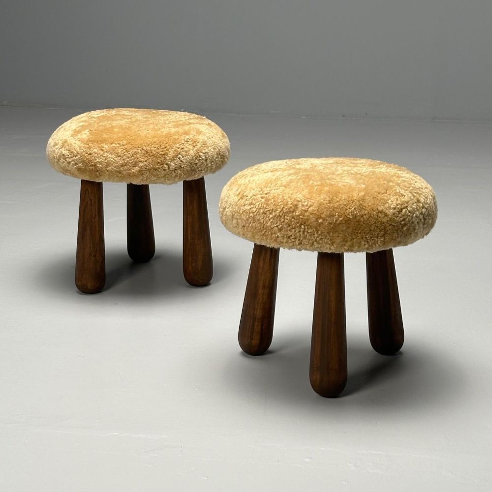 Contemporary, Danish Modern, Sheepskin Stools, Honey Shearling, Maple