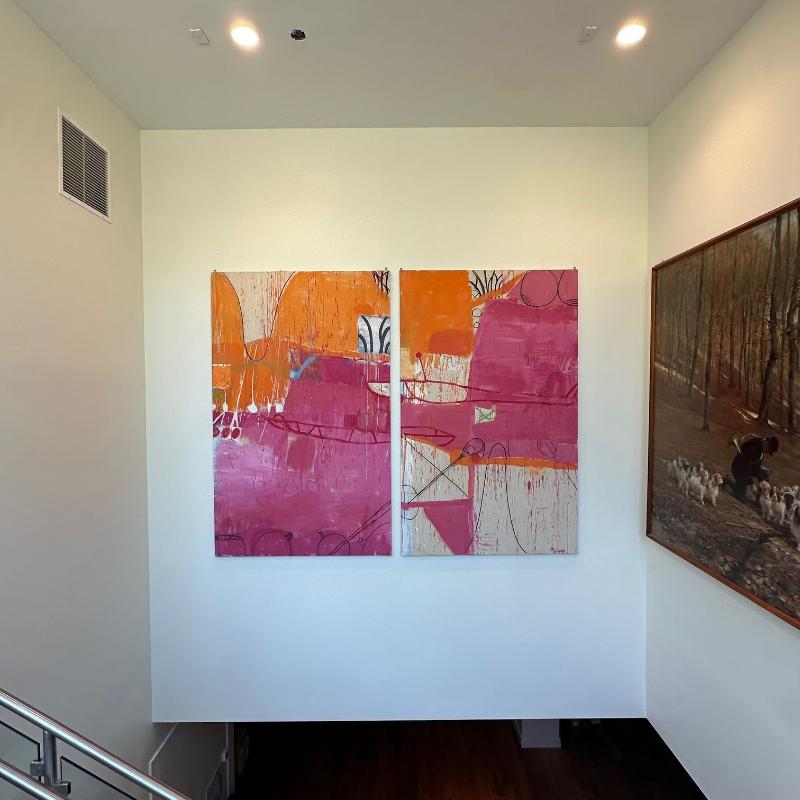 Gary Komarin, Contemporary Abstract Painting, Massive Diptych, Pink, Orange