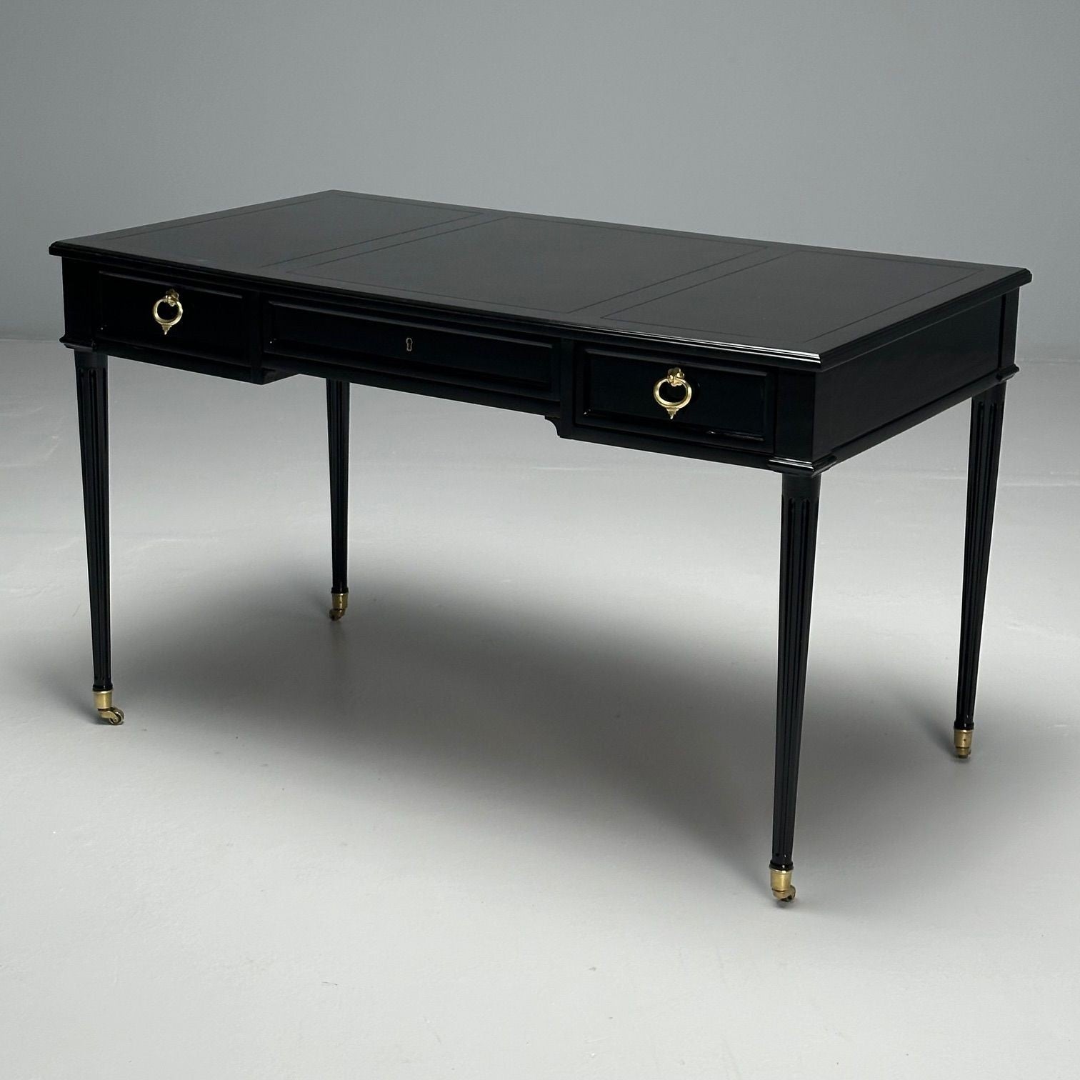 Baker Furniture, Hollywood Regency, Writing Desk, Black Lacquer, Bronze, 1960s