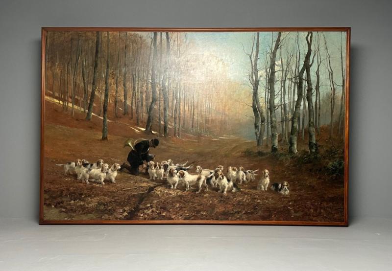 Monumental Oil Canvas, Georges Henri Fauvel, Hunting Dogs with Master, 19th Cent