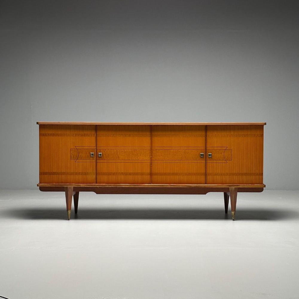 French Mid-Century Modern, Sideboard, Cuban Mahogany, Sycamore, Brass, 1940s