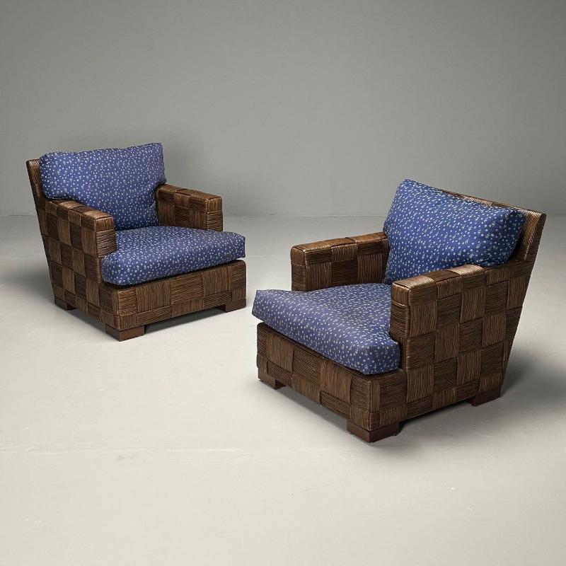 John Hutton, Donghia, Oversized Lounge Chairs, Woven Cane, Mahogany, USA, 1990s