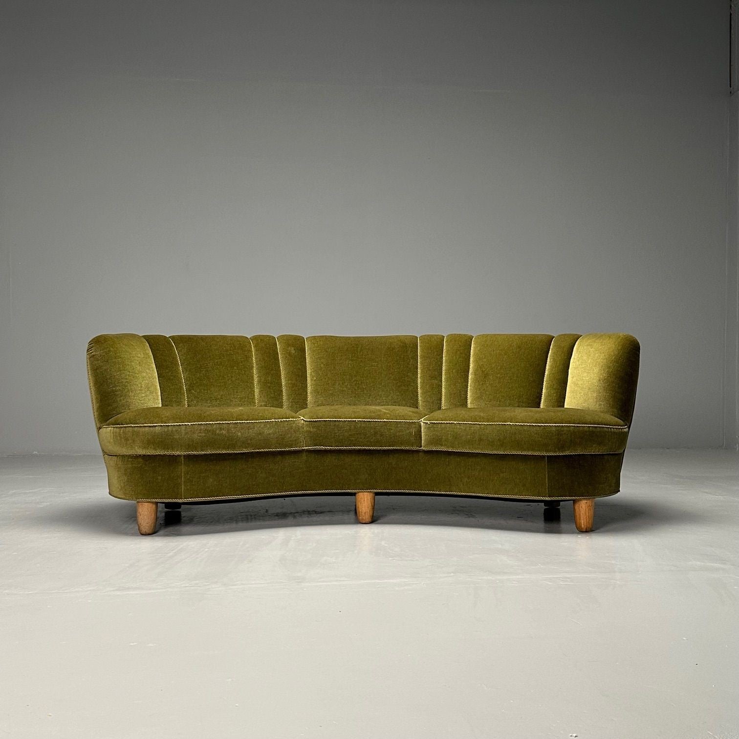 Danish Cabinetmaker, Mid-Century Modern Curved Banana Sofa, Beech, Green Velvet