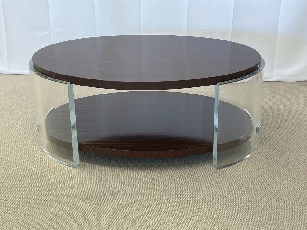 Macassar Ebony Oval Lucite, Acrylic Coffee, Cocktail Table, Jonathan Franc