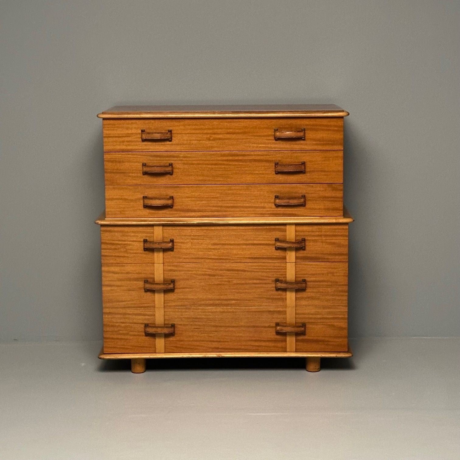 Paul Frankl, John Stuart, Mid-Century Modern Dresser, Mahogany, Leather, Brass